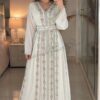 White Moroccan kaftan dress with silver embroidery long sleeves and waist belt for Nikkah wedding (1)