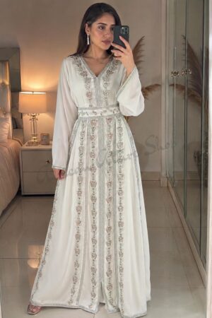 White Moroccan kaftan dress with silver embroidery long sleeves and waist belt for Nikkah wedding (1)