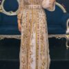 White gold Moroccan kaftan dress with detailed embroidery beadwork long sleeves and embellished waist belt (1)