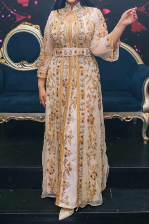 White gold Moroccan kaftan dress with detailed embroidery beadwork long sleeves and embellished waist belt (1)