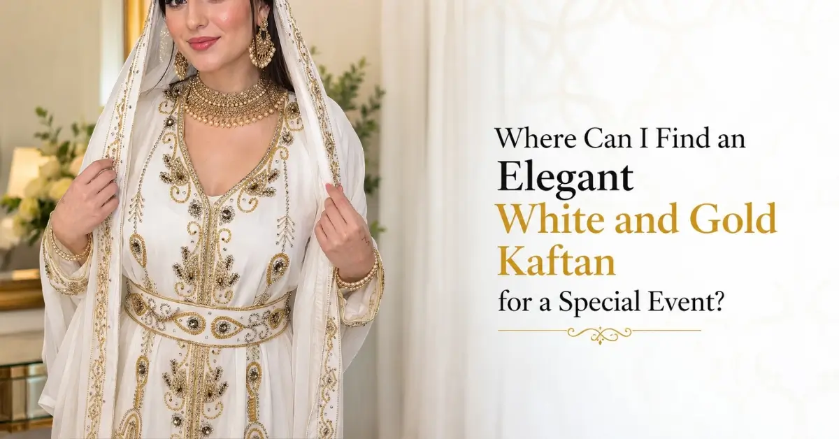 white and gold kaftan with elegant gold embroidery