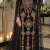 Black Moroccan kaftan dress with gold and burgundy embroidery and sheer flowing overlay (1)