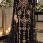 Black Moroccan kaftan dress with gold and burgundy embroidery and sheer flowing overlay (1)
