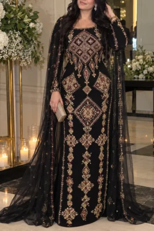 Black Moroccan kaftan dress with gold and burgundy embroidery and sheer flowing overlay (1)