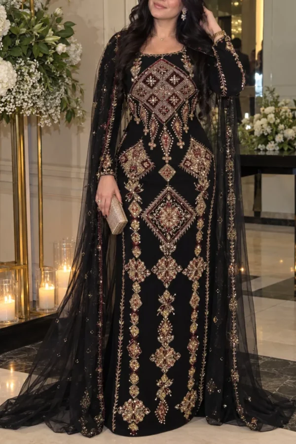 Black Moroccan kaftan dress with gold and burgundy embroidery and sheer flowing overlay (1)