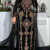 Black Moroccan kaftan dress with gold and burgundy embroidery and sheer flowing overlay (5)