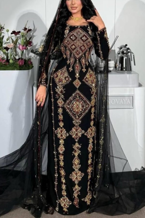 Black Moroccan kaftan dress with gold and burgundy embroidery and sheer flowing overlay (5)