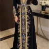 Black Moroccan kaftan dress with gold trim colorful embroidery long sleeves and decorative waist belt (1)