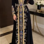 Black Moroccan kaftan dress with gold trim colorful embroidery long sleeves and decorative waist belt (1)