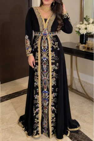 Black Moroccan kaftan dress with gold trim colorful embroidery long sleeves and decorative waist belt (1)