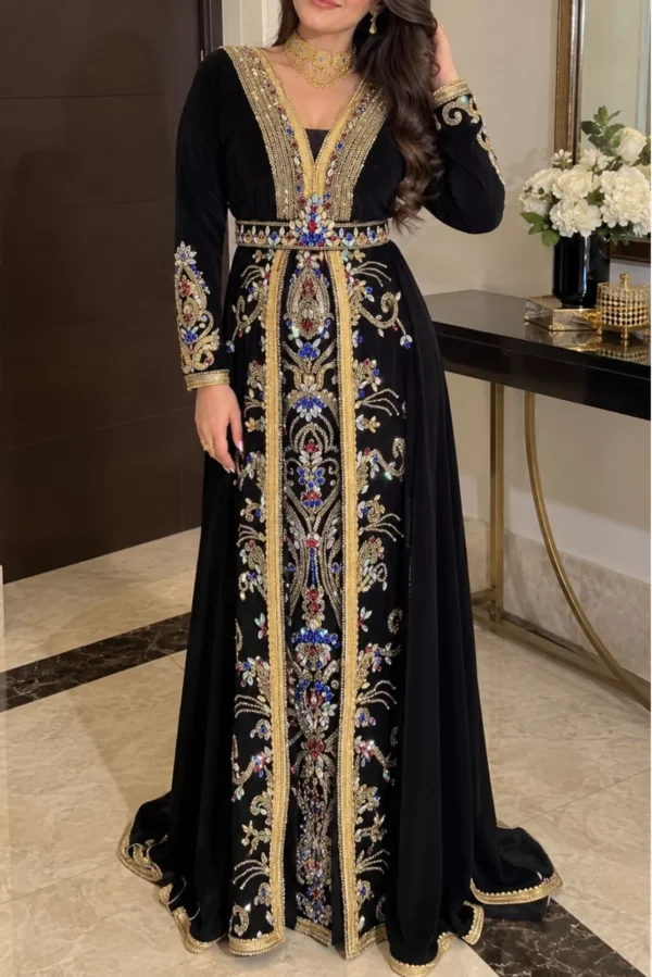 Black Moroccan kaftan dress with gold trim colorful embroidery long sleeves and decorative waist belt (1)