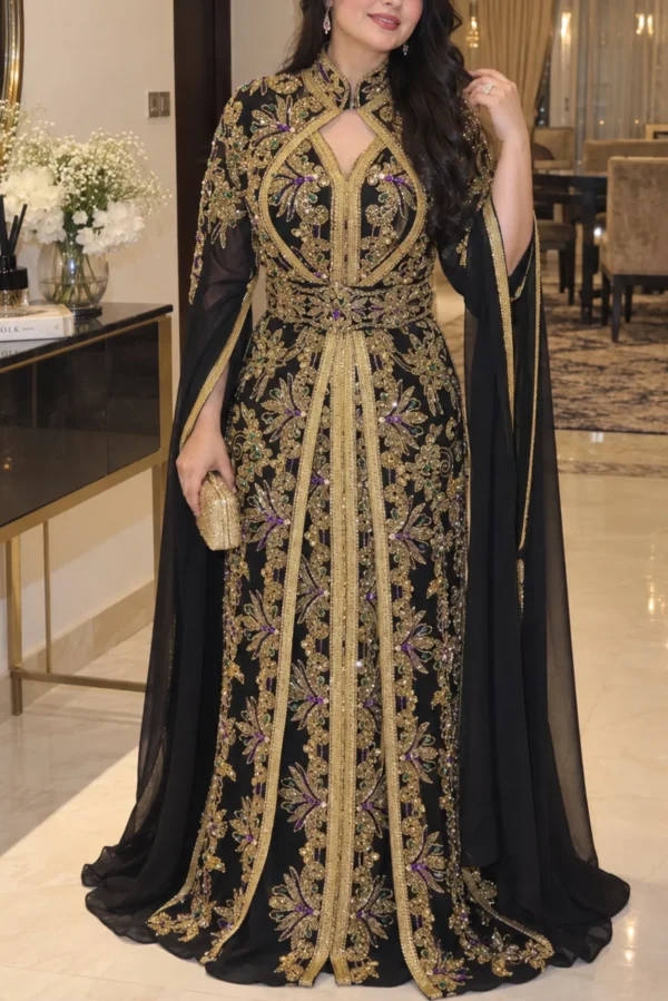 Black and gold Moroccan kaftan dress with detailed gold embroidery and flowing sleeves (1)