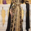 Black and gold Moroccan kaftan dress with detailed gold embroidery and flowing sleeves (5)