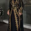 Black and gold embroidered Moroccan kaftan dress with sheer sleeves embellished belt and full length flowing maxi skirt (1)