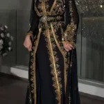 Black and gold embroidered Moroccan kaftan dress with sheer sleeves embellished belt and full length flowing maxi skirt (1)