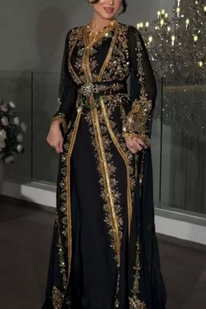 Black and gold embroidered Moroccan kaftan dress with sheer sleeves embellished belt and full length flowing maxi skirt (1)