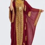 Burgundy Moroccan kaftan dress with detailed gold embroidery and wide flowing sleeves gold zardozi threadwork embroidery (1)