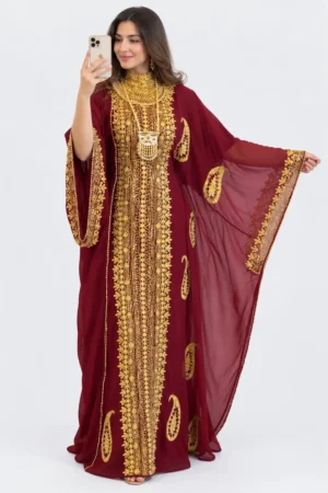 Burgundy Moroccan kaftan dress with detailed gold embroidery and wide flowing sleeves gold zardozi threadwork embroidery (1)