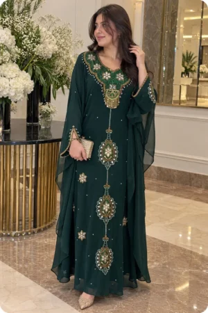 Dark green Moroccan kaftan with hand beaded gold embroidery (2)