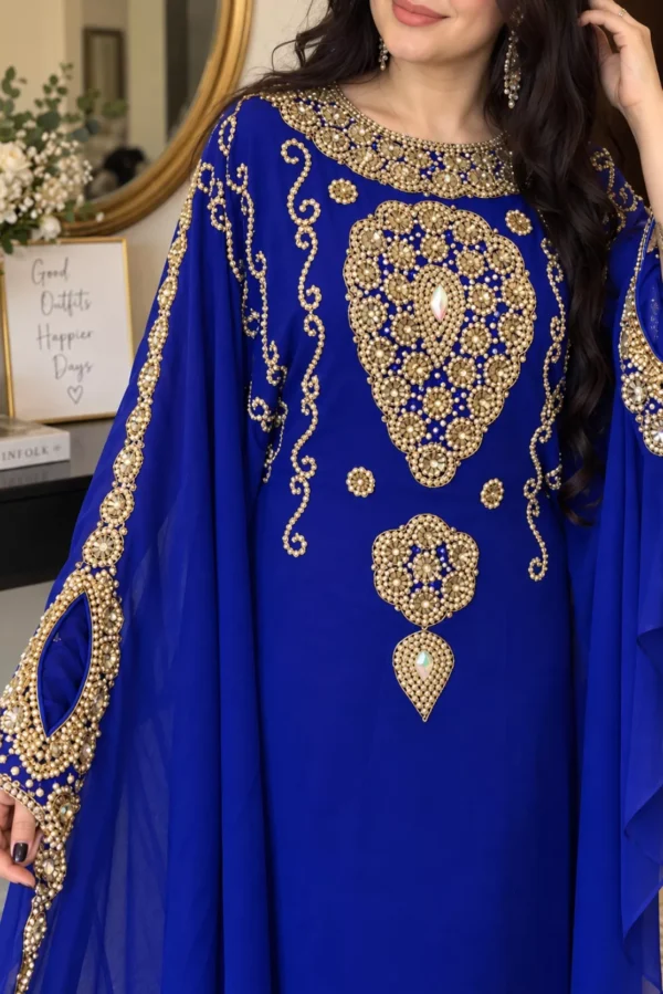 Deep Royal Blue Moroccan kaftan with gold beaded embroidery and flowing embellished sleeves (2)