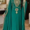 Emerald green Moroccan kaftan with gold beaded embroidery and flowing embellished sleeves (1)