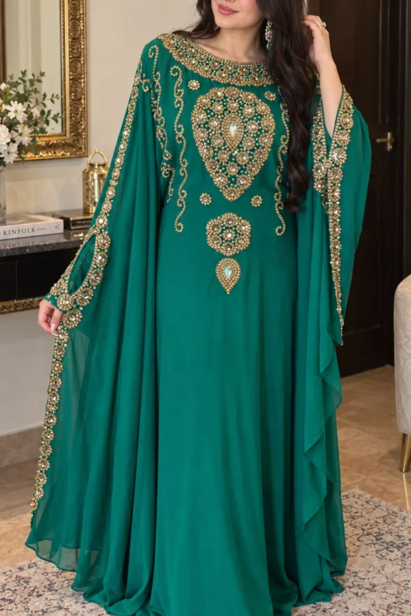 Emerald green Moroccan kaftan with gold beaded embroidery and flowing embellished sleeves (1)
