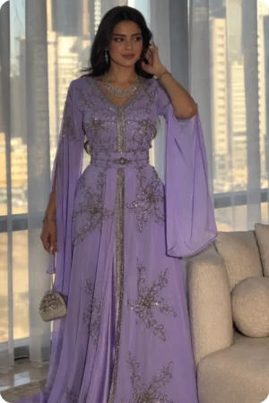 Light lilac kaftan dress with silver embellishment and flowing cape sleeves (3)