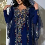 Navy blue Moroccan kaftan with gold multicolor embroidery and sheer embellished veil (4)