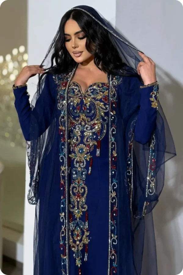 Navy blue Moroccan kaftan with gold multicolor embroidery and sheer embellished veil (4)