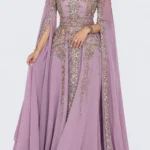 Purple Moroccan kaftan dress with silver beadwork and flowing Farasha cape sleeves (1)