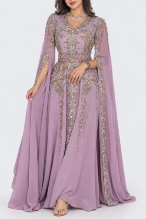 Purple Moroccan kaftan dress with silver beadwork and flowing Farasha cape sleeves (1)