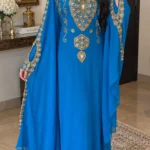 Royal Blue Moroccan kaftan with gold beaded embroidery and flowing embellished sleeves (1)