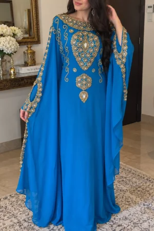 Royal Blue Moroccan kaftan with gold beaded embroidery and flowing embellished sleeves (1)