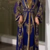 Royal blue Moroccan kaftan dress with intricate gold embroidery and matching embellished belt (1)