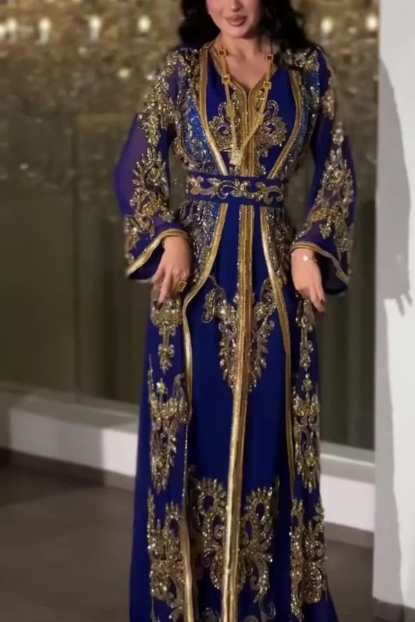 Royal blue Moroccan kaftan dress with intricate gold embroidery and matching embellished belt (1)
