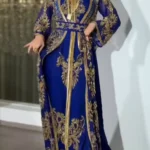 Royal blue Moroccan kaftan dress with intricate gold embroidery and matching embellished belt (4)
