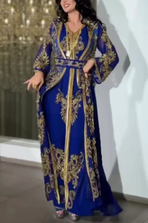 Royal blue Moroccan kaftan dress with intricate gold embroidery and matching embellished belt (4)