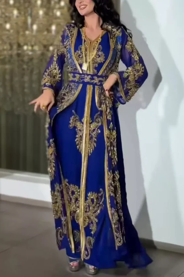 Royal blue Moroccan kaftan dress with intricate gold embroidery and matching embellished belt (4)