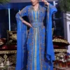 Royal blue Moroccan kaftan with gold embroidery and embellished belt (1)
