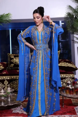 Royal blue Moroccan kaftan with gold embroidery and embellished belt (1)