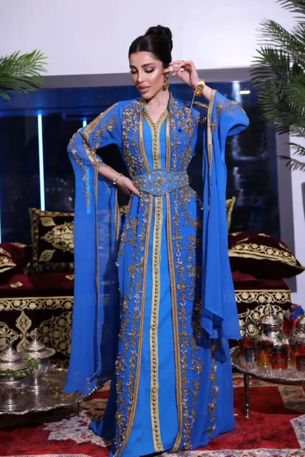 Royal blue Moroccan kaftan with gold embroidery and embellished belt (1)