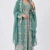 Sea green Moroccan kaftan dress with silver embroidery crystal embellishments and matching dupatta (1)