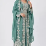 Sea green Moroccan kaftan dress with silver embroidery crystal embellishments and matching dupatta (1)