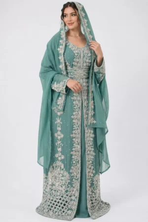 Sea green Moroccan kaftan dress with silver embroidery crystal embellishments and matching dupatta (1)