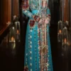 Turquoise Moroccan caftan dress with red and gold embroidery hand beadwork and flowing embellished maxi skirt (1)