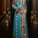 Turquoise Moroccan caftan dress with red and gold embroidery hand beadwork and flowing embellished maxi skirt (1)