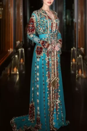 Turquoise Moroccan caftan dress with red and gold embroidery hand beadwork and flowing embellished maxi skirt (1)