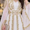 White Moroccan kaftan dress with detailed gold embroidery and flowing sheer sleeves (1)