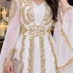 White Moroccan kaftan dress with detailed gold embroidery and flowing sheer sleeves (1)