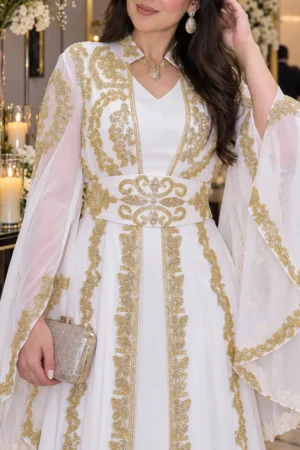 White Moroccan kaftan dress with detailed gold embroidery and flowing sheer sleeves (1)